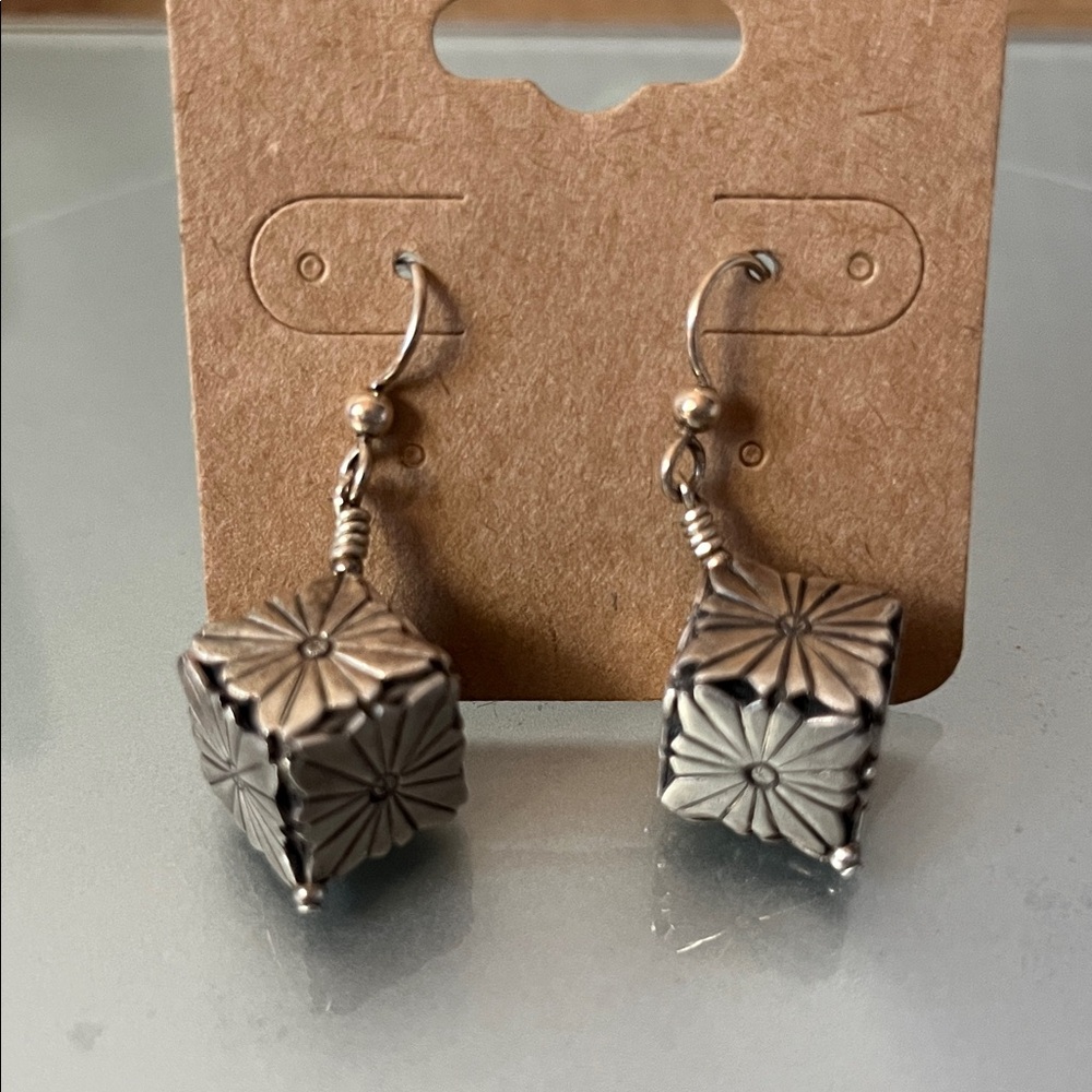 Floral Cube Drop Earrings in Silver